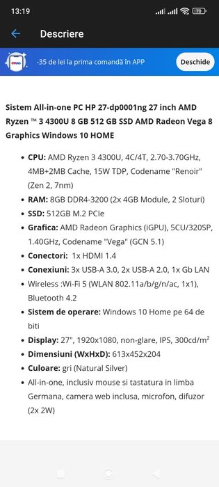 Sistem All-in-one PC HP 27 inch Ryzen ™ 3 4300U 8 GB 512 GB SSD
Ryz