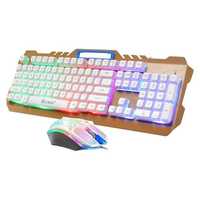 Kit Tastatura+Mouse, Iluminare RGB, Suport telefon, Alb+auriu