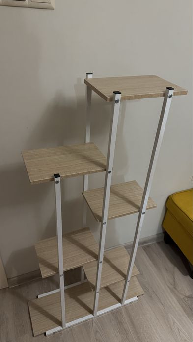 Поставка за цветя, метална, бяла, с 6 дървени рафта, 113 x 60 x 20 cm