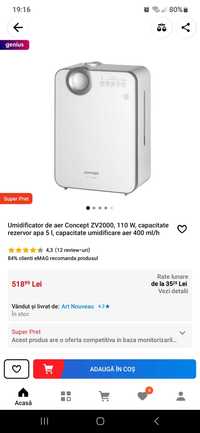 Umidificator de aer Concept ZV2000, 110 W, capacitate rezervor apa 5 l