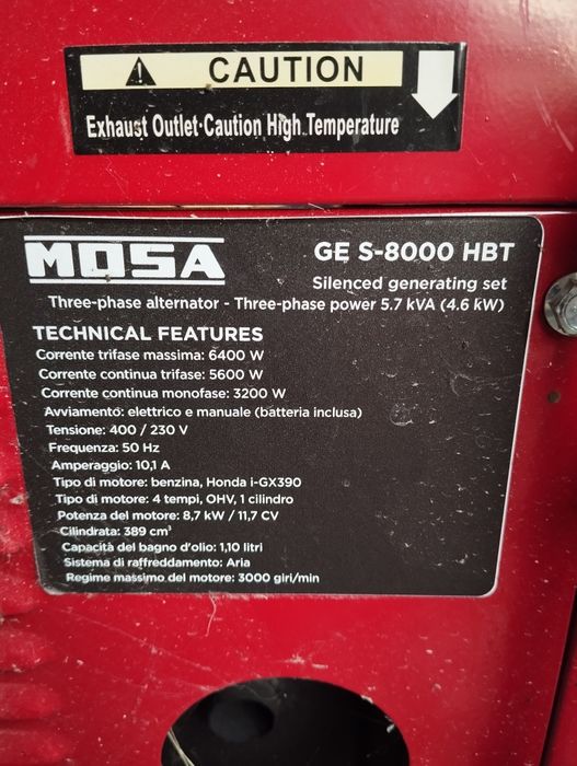 Vând generator nou Mosa mono și trifazic.