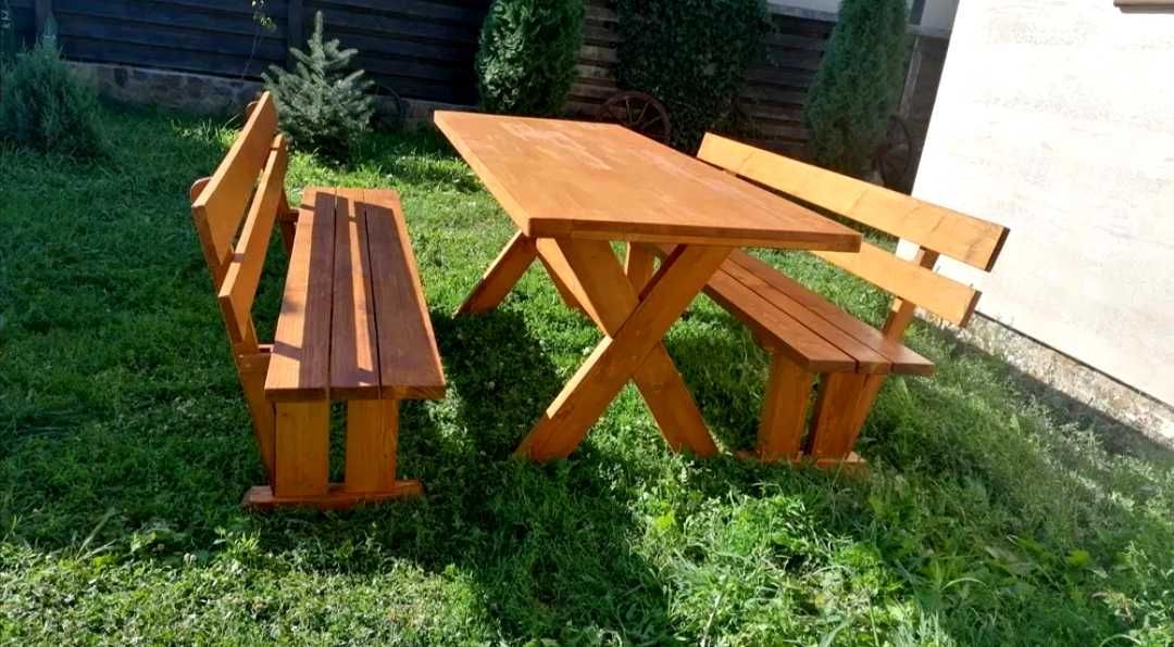 Set mobilier gradina, masa si 2 banci lemn masiv, 2m  / 2.5 m