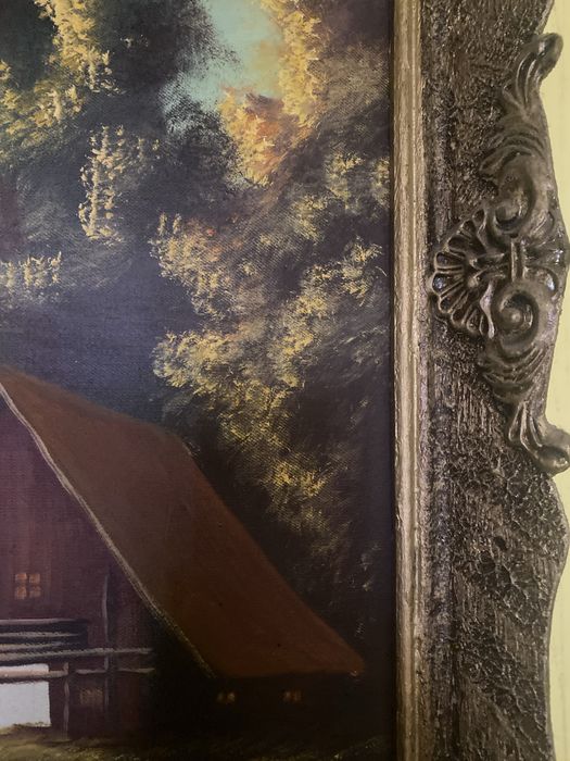 Tablou pictură în ulei pe pânză, peisaj rustic cu cabană și pescar