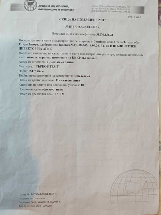 Продавам нива с.Змейово, област Стара Загора