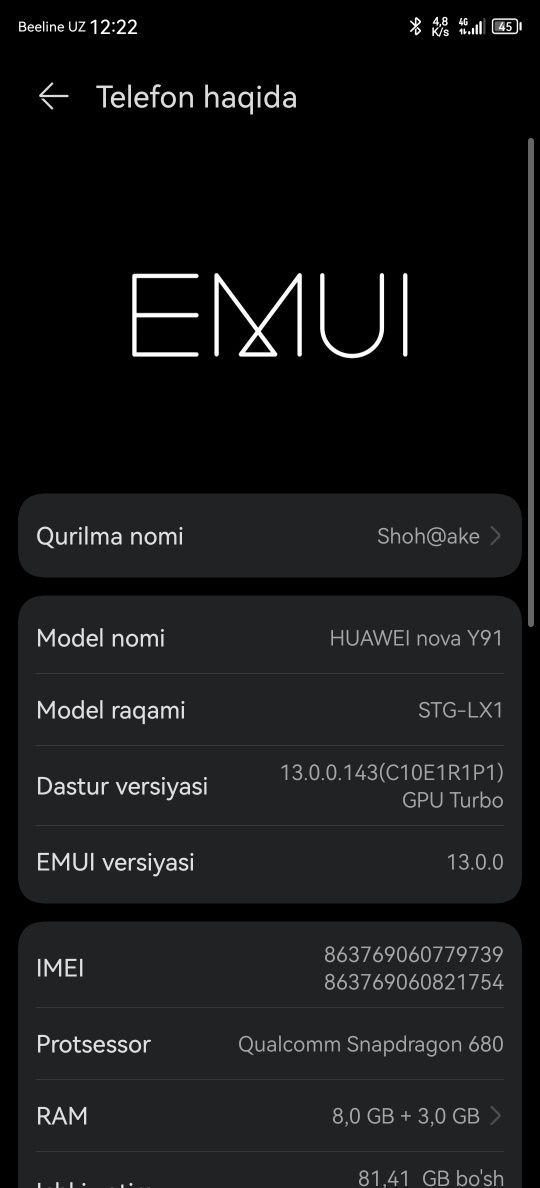 Huawei Nova y91 yangi