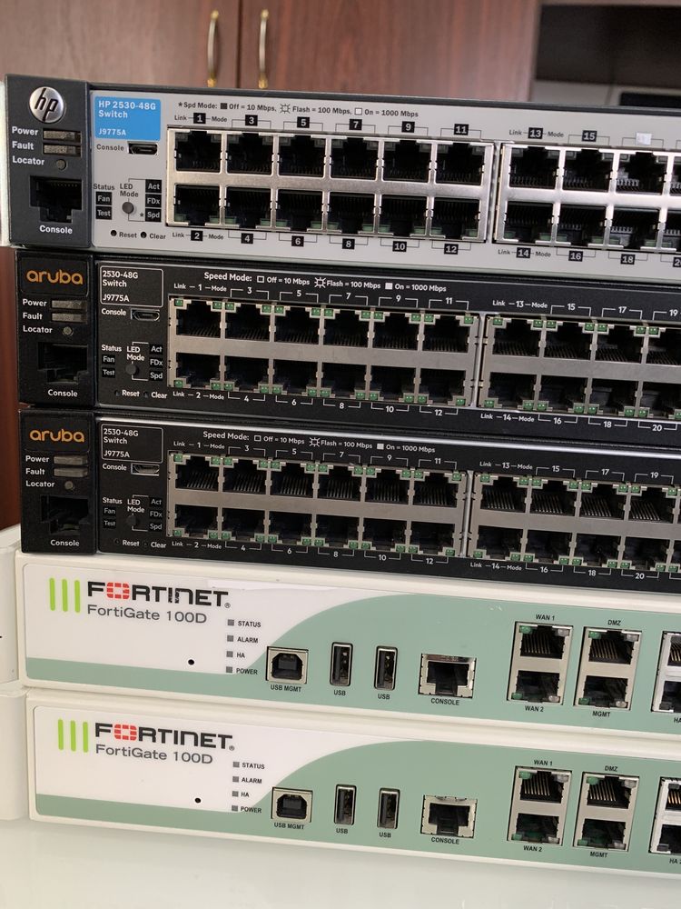 3-Switch HPE Aruba j9775a, 2-Fortinet FG-100D