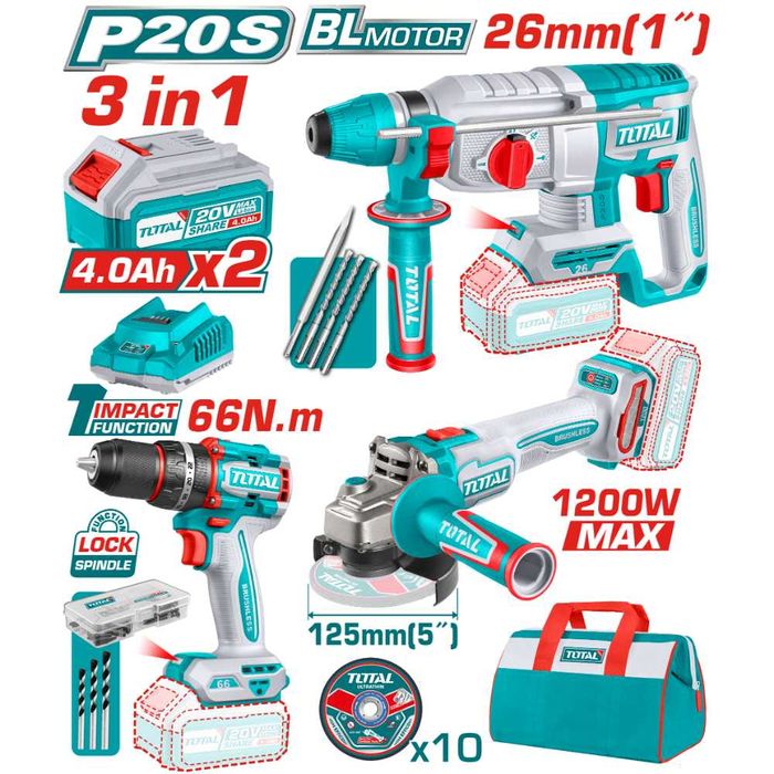 комплект акумулаторни инструменти TOTAL  3в1, 20 V, 2 x 4 Ah