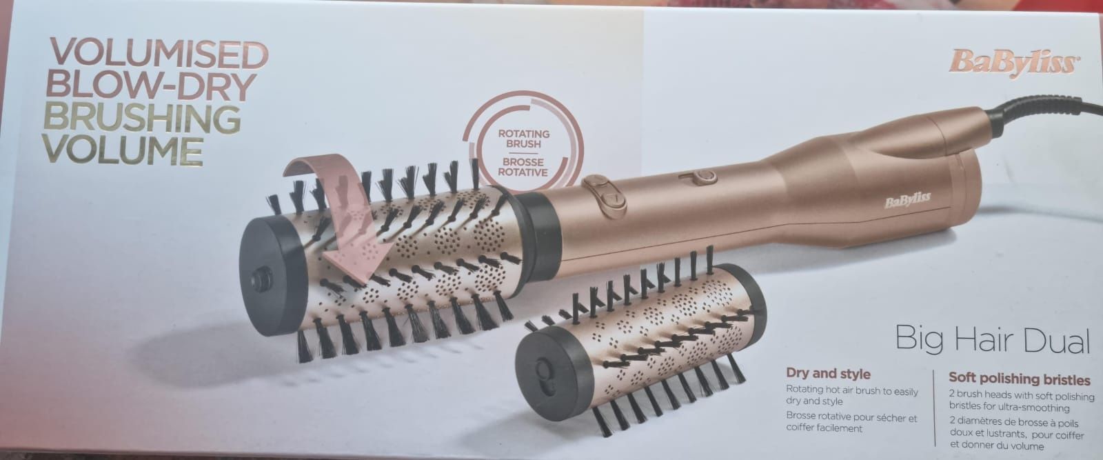 Perie rotativa BaByliss Big Hair Dual AS952E, 650W + 2 accesorii, Gold