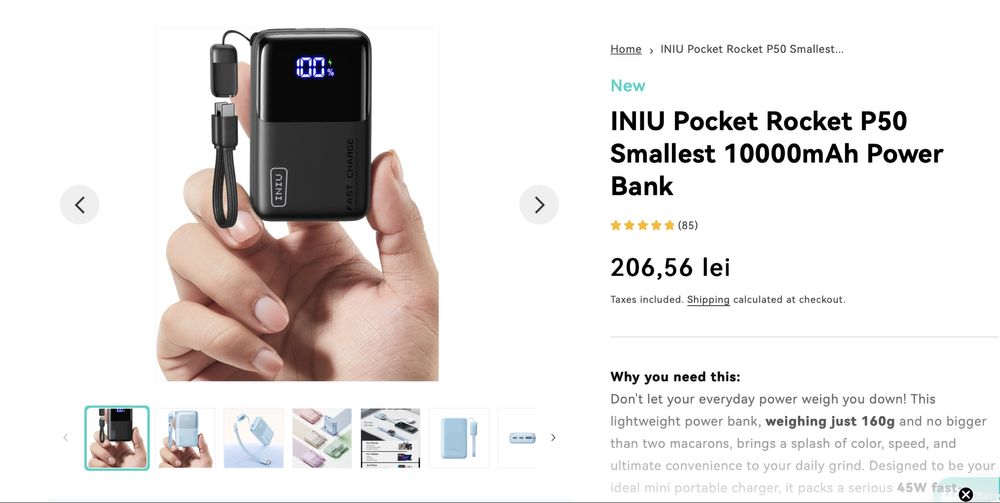 Baterie externa/power bank INIU P50 10.000mah 45w 2 bucati noi