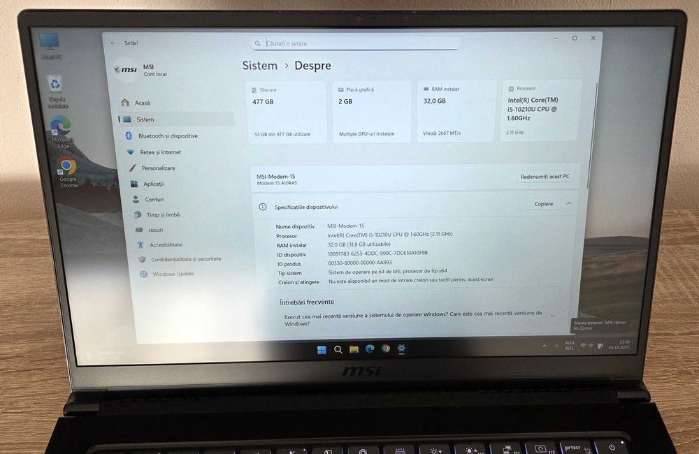 Laptop MSI Modern 15 Intel i5-10210U, 15.6", 32GB, 512GB, Nvidia MX330