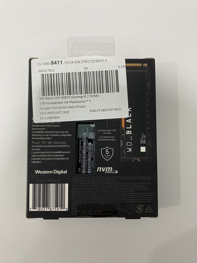 Western Digital Black SSD SN850 Gaming M.2 NVMe 1TB PlayStation5