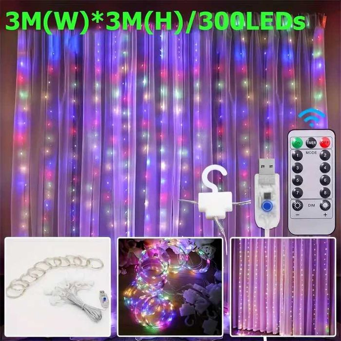 Perdea lumini albe argintii galbene aurii 3mx3m 300 leduri telecomanda