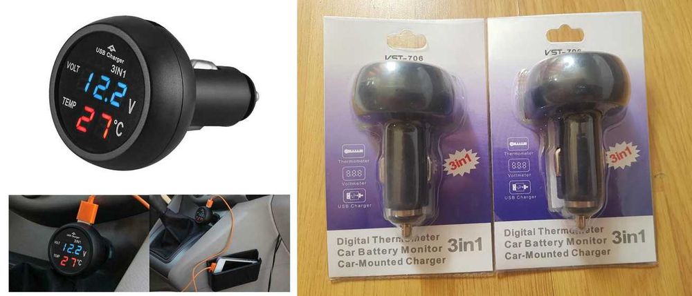 3 in 1 LED Voltmeter digital +Termometru+incarcare USB. 12/24V, Nou!