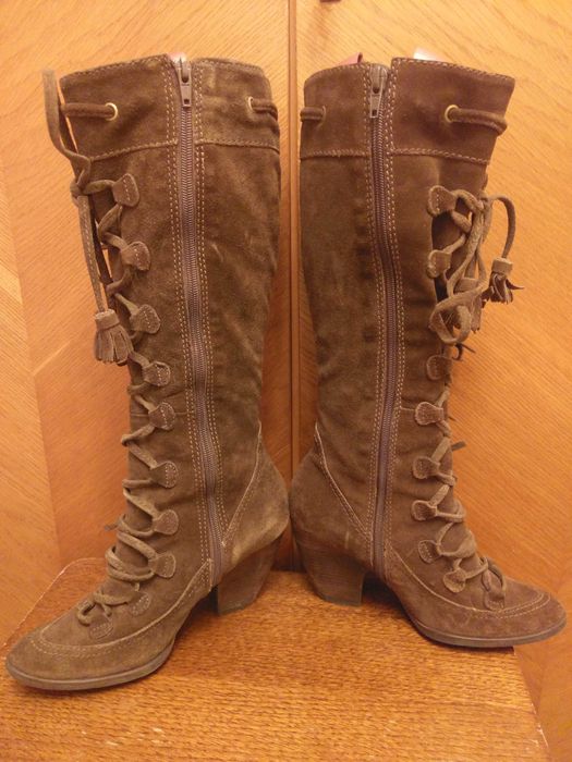 cizme toc pana la genunchi piele intoarsa maro, marime 37