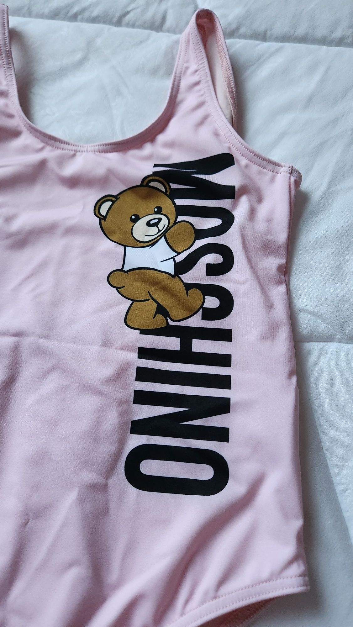 Детски цял бански MOSCHINO за момиче 7-8г/128cm розов лого подплатен