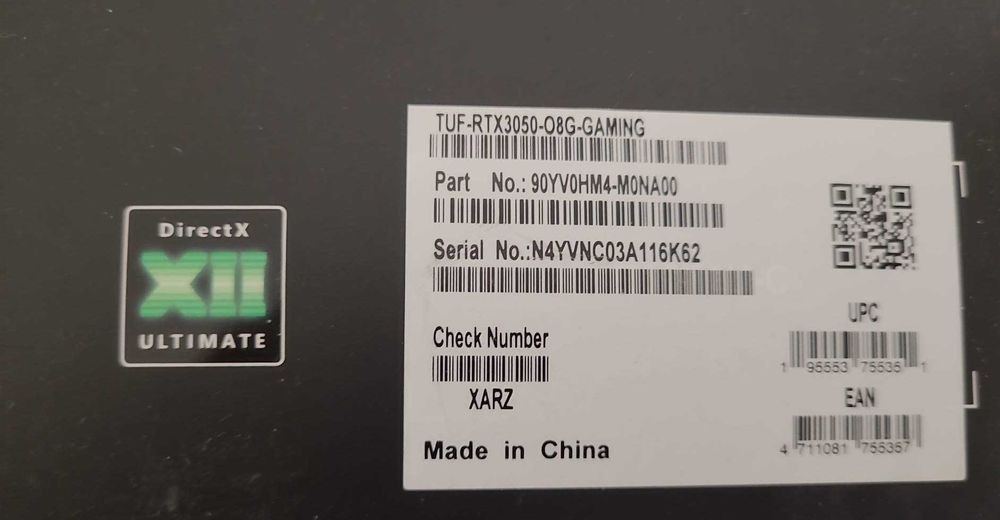 Placă video ASUS GeForce RTX 3050 TUF Gaming OC  de 8GB GDDR6