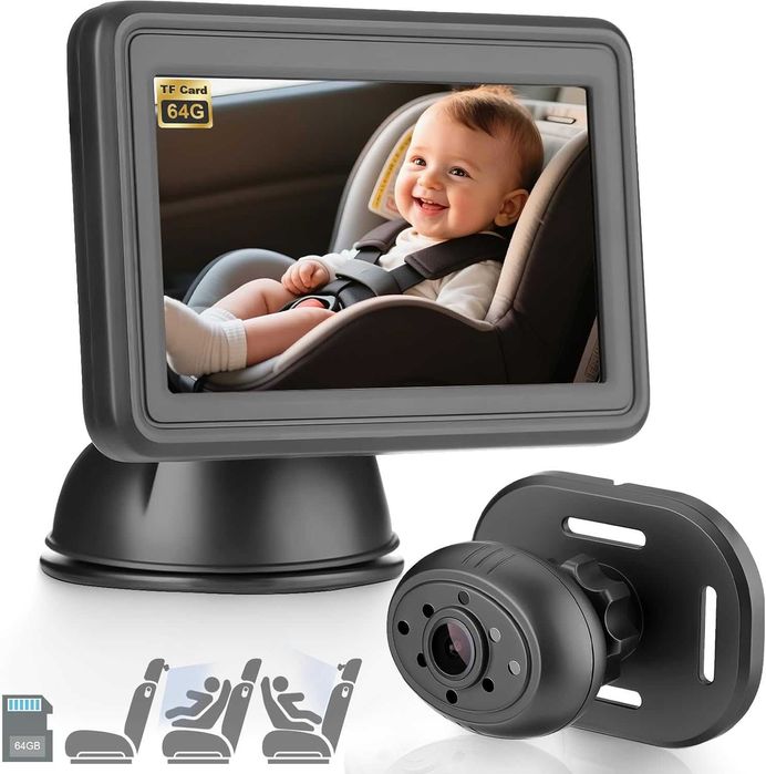 Бебешка автомобилна камера GEARCELL HD 1080P, 64GB карта, 4.3" дисплей