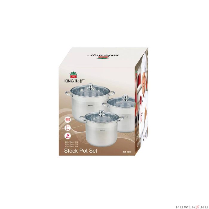 Set 3 oale din inox, cu capac sticla, 5.6l, 7.2l, 9l, KingHoff
