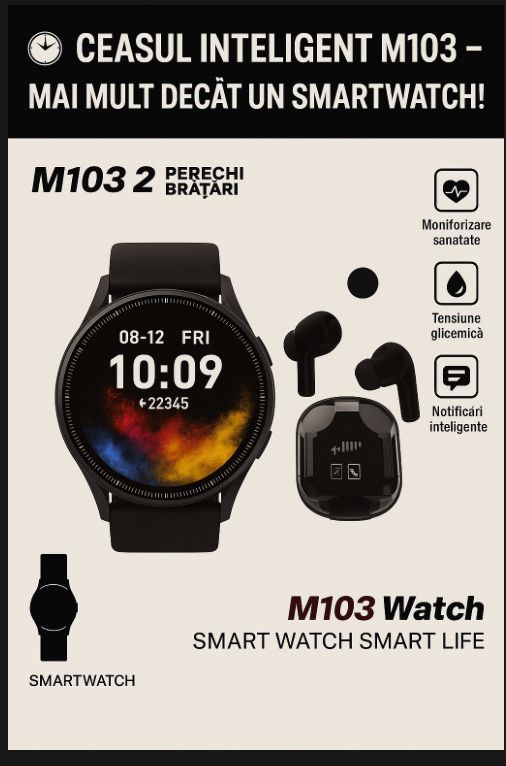 Smartwatch M103 Monitorizare sănătate Căști incluse!