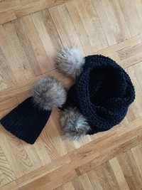Комплект от шал и шапка с естествен косъм