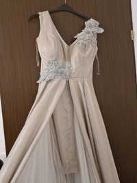 Rochie de nașă lungă, culoare roz cu argintiu