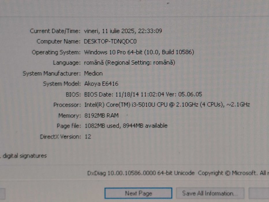 Laptop Medion Akoya model E6416, cu procesor i3, RAM 8 Gb si SSD