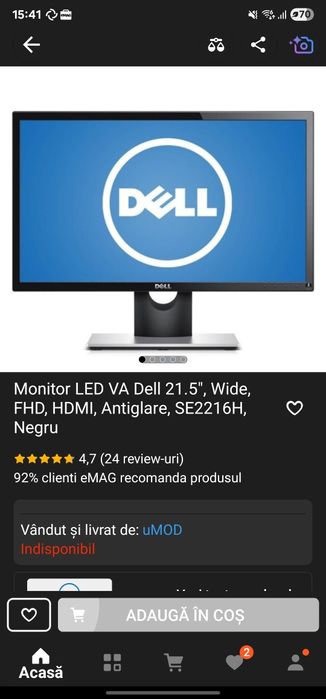 Monitor LED Dell 24", Wide, Full, HD, Negru,