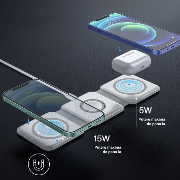Incarcator Wireless Magnetic Pliabil 3in1, Incarcare rapida, Alb