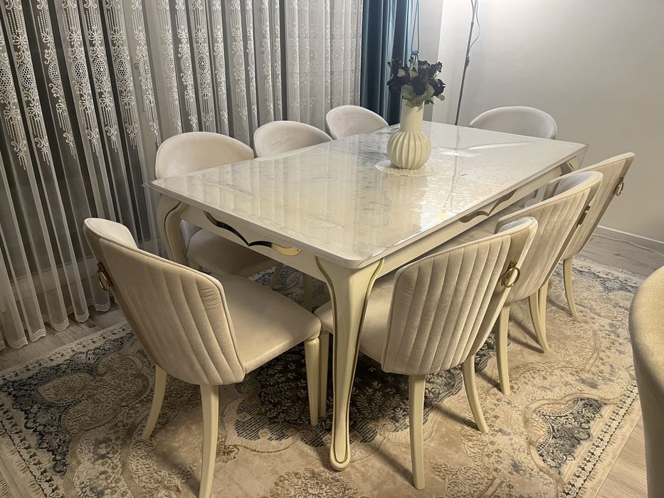 Masa dining extensibil (alb/auriu)