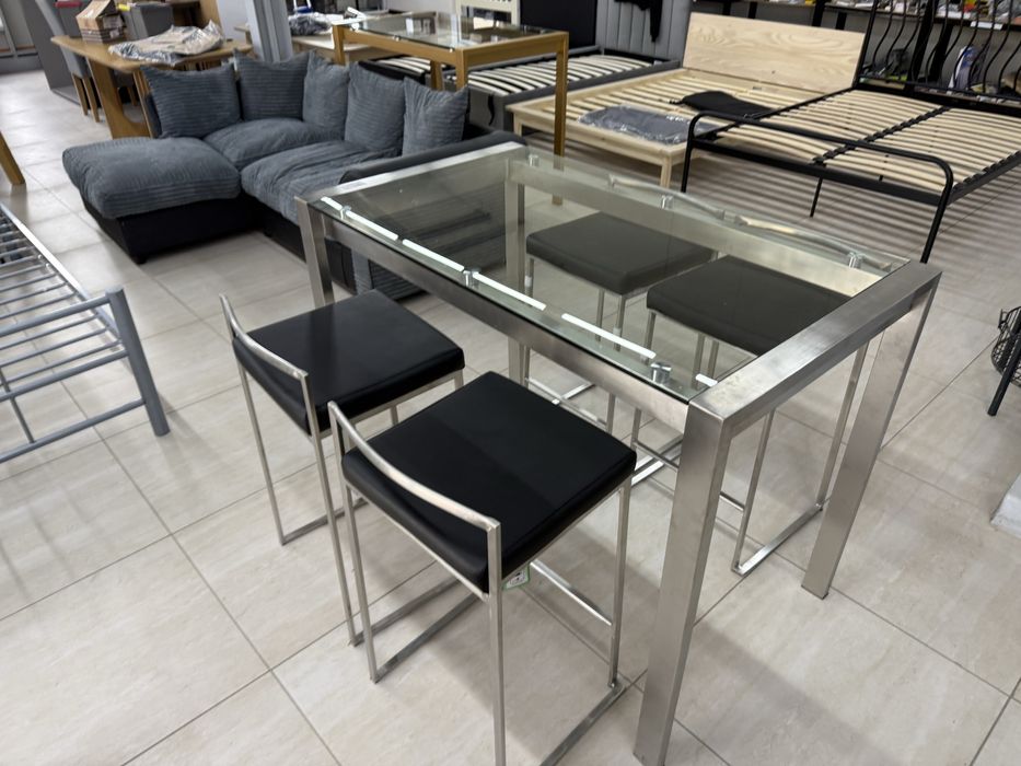 Set masă de bar din oțel inoxidabil cu 4 scaune incluse