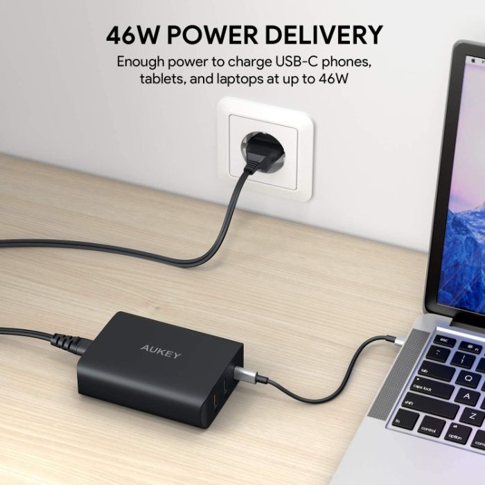 AUKEY USB-C зарядно, 74.5W- с 46W PD 3.0 (PPS) и 18W QC 3.0, 3 порта,