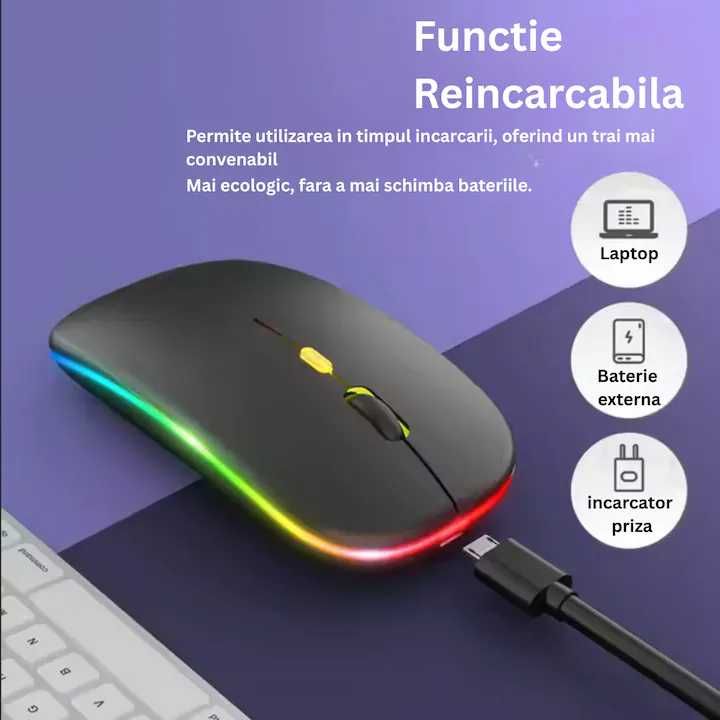 Mouse Bluetooth Fara Fir cu Iluminare RGB si Comutare Dual. Negru Mat