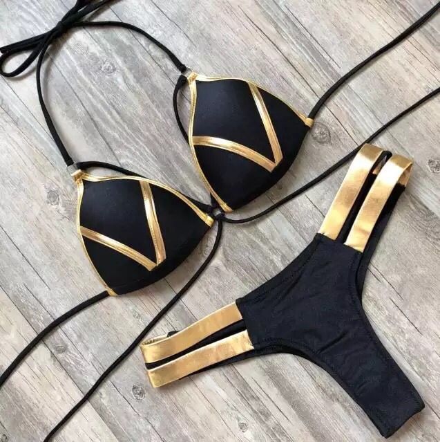 Costum baie C18 (Daira-Shop.ro) negru bej Push up tanga brazilian