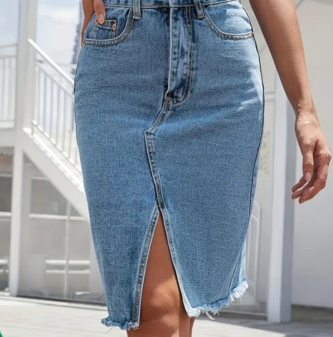 Fusta midi din denim albastru,stil boem pentru femei !