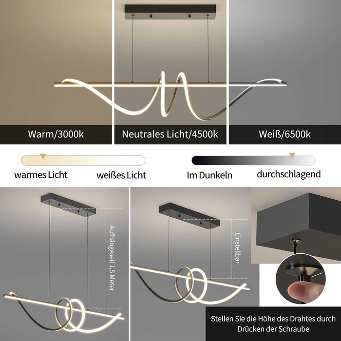 Mikeru 120см черна спираловидна LED висяща лампа димируема