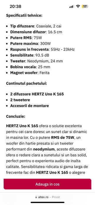 Boxe auto HERTZ 2 set-uri ,Uno K 165 , 75w RMS 2 cai , 16.5 cm