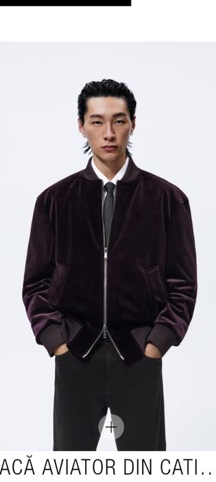 Geaca aviator din catifea violet inchis model Saint Laurent