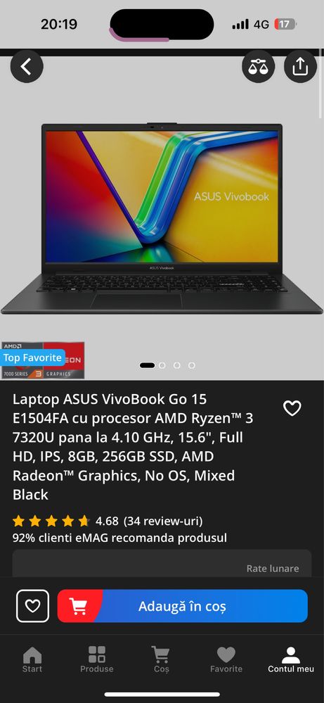 vand Laptop ASUS VivoBook Go 15 E1504FA  Ryzen™ 3 7320U 15.6”, 8gb ram