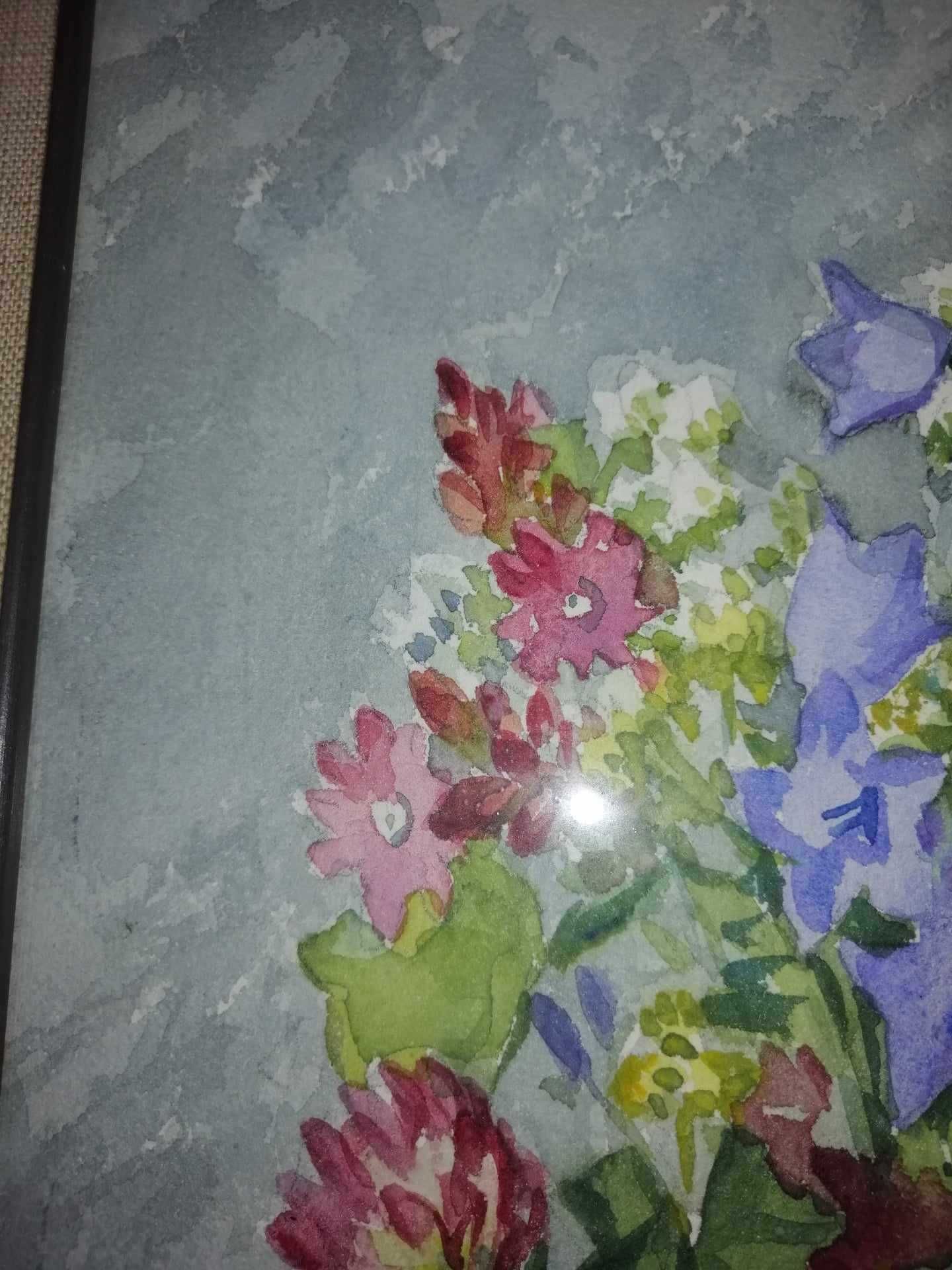 Tablou acuarela vaza buchet de flori florala semnat 1963 rama lemn