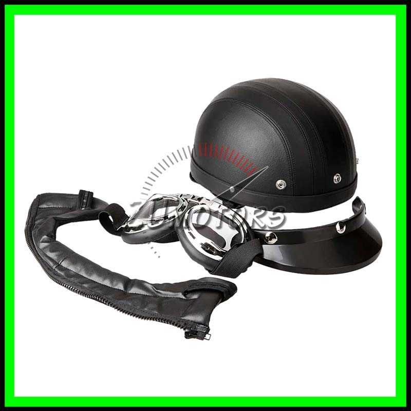 Casca moto Retro scuter Vespa Chopper Piele + Ochelari WW2 -Negru-Maro