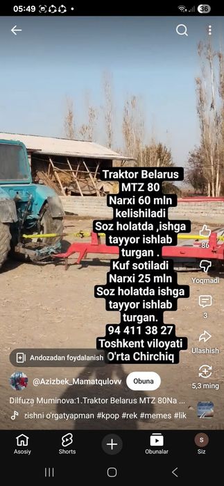 MTZ traktor sotiladi