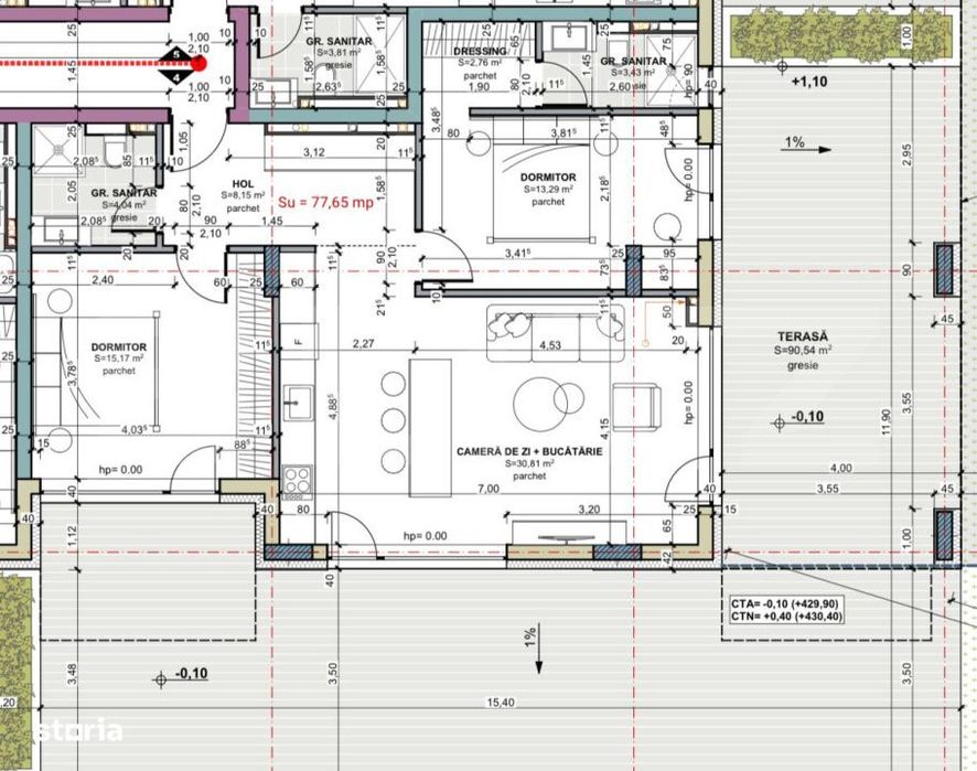 Apartament cu 3 camere, terasa 90 mp, comision 0, cartier Terra, zona