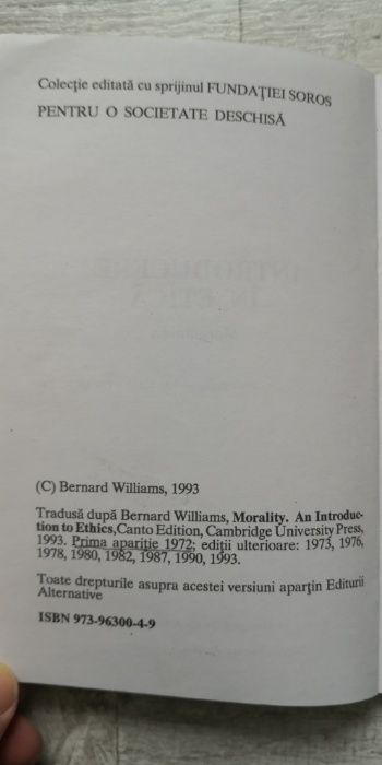 Bernard Williams - Introducere în etică, Editura Alternative, 1993