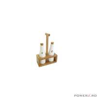 Set recipiente portelan, ulei si otet, cu suport din lemn de salcam,