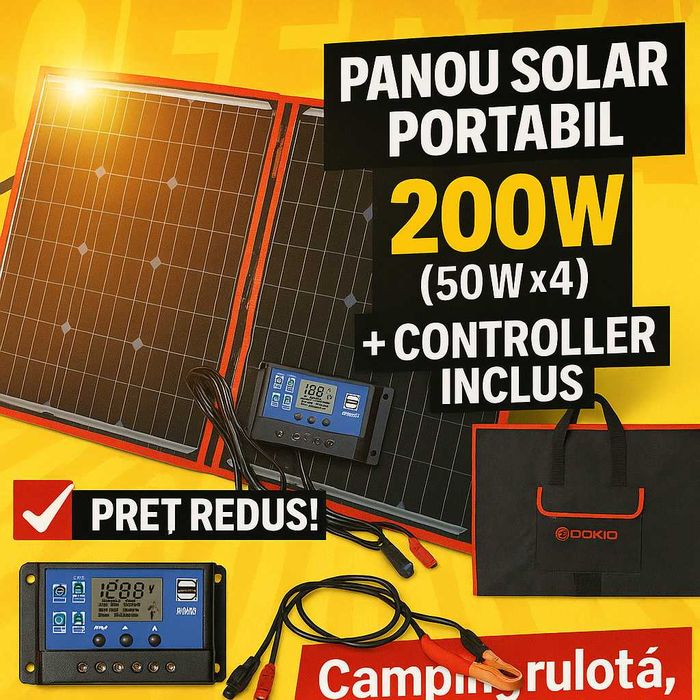 Panou Solar 200W Portabil și Pliabil – Ideal pentru Camping, Rulotă,