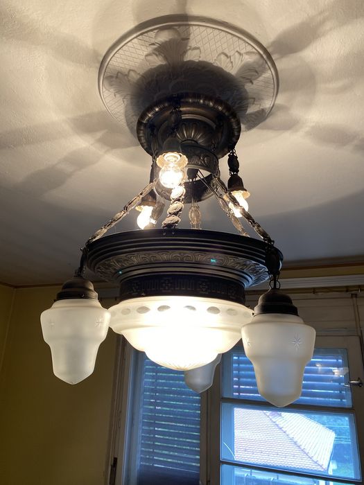 Candelabru vechi vintage retro, 7 brațe, metal plus sticlă