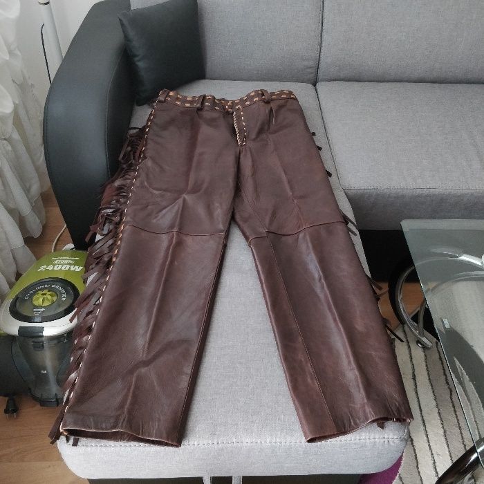 Costum piele cu franjuri si impletituri Handmade marime 52-54 unicat