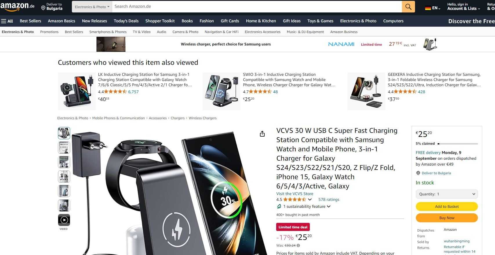 НОВО! VCVS Безжично зарядно 3 в 1 USB C за телефон слушалки часовник