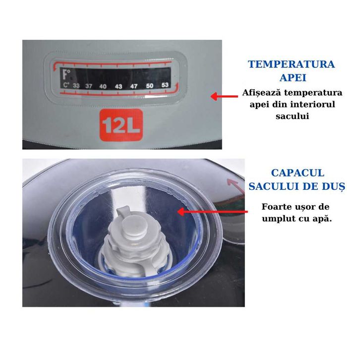 Sac de Dus Portabil pentru Camping, cu Popa de Picior, Rezervor 12 L