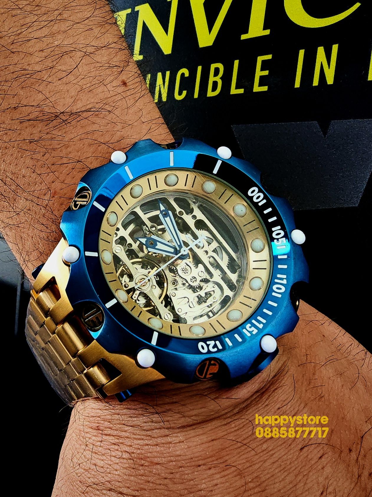 часовник INVICTA Reserve Skeleton automatic Gold 56 mm, Инвикта нов